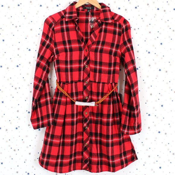 Plaid Button Up Shirt Dress with Belt Red Black - Picture 6 of 9